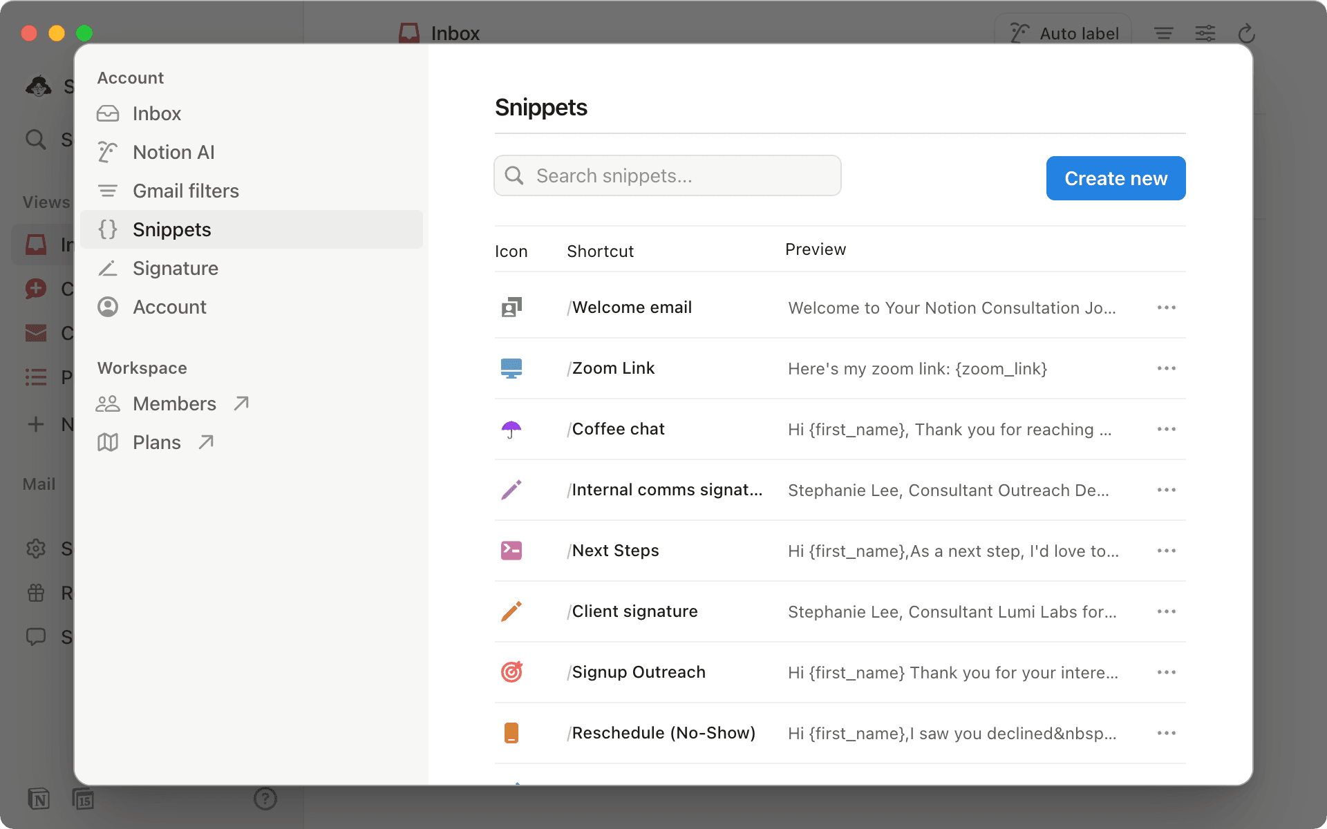 Access all your snippets in the settings menu on the right hand side of the screen.