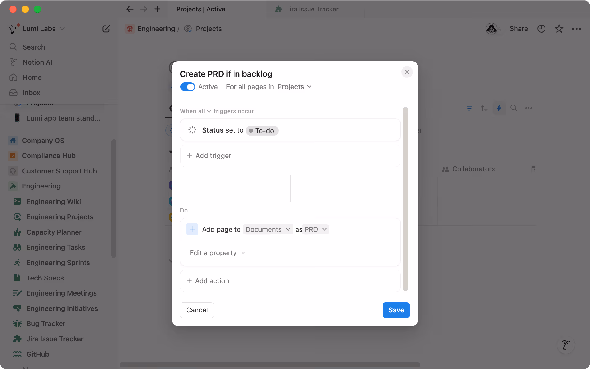Add a new page with a PRD template automatically when someone creates a new epic in Jira