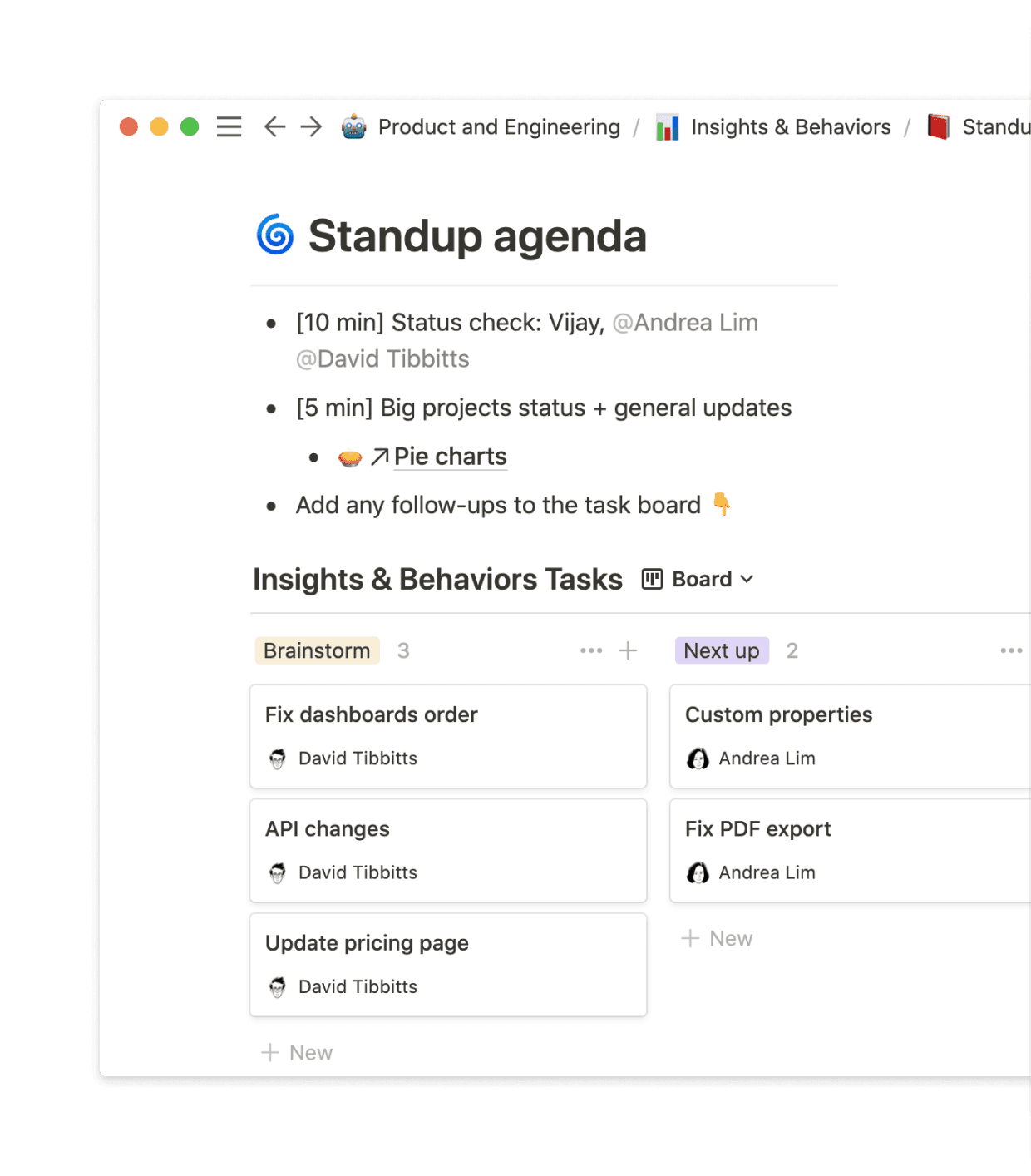 Embed a kanban board alongside notes, all in the same doc.