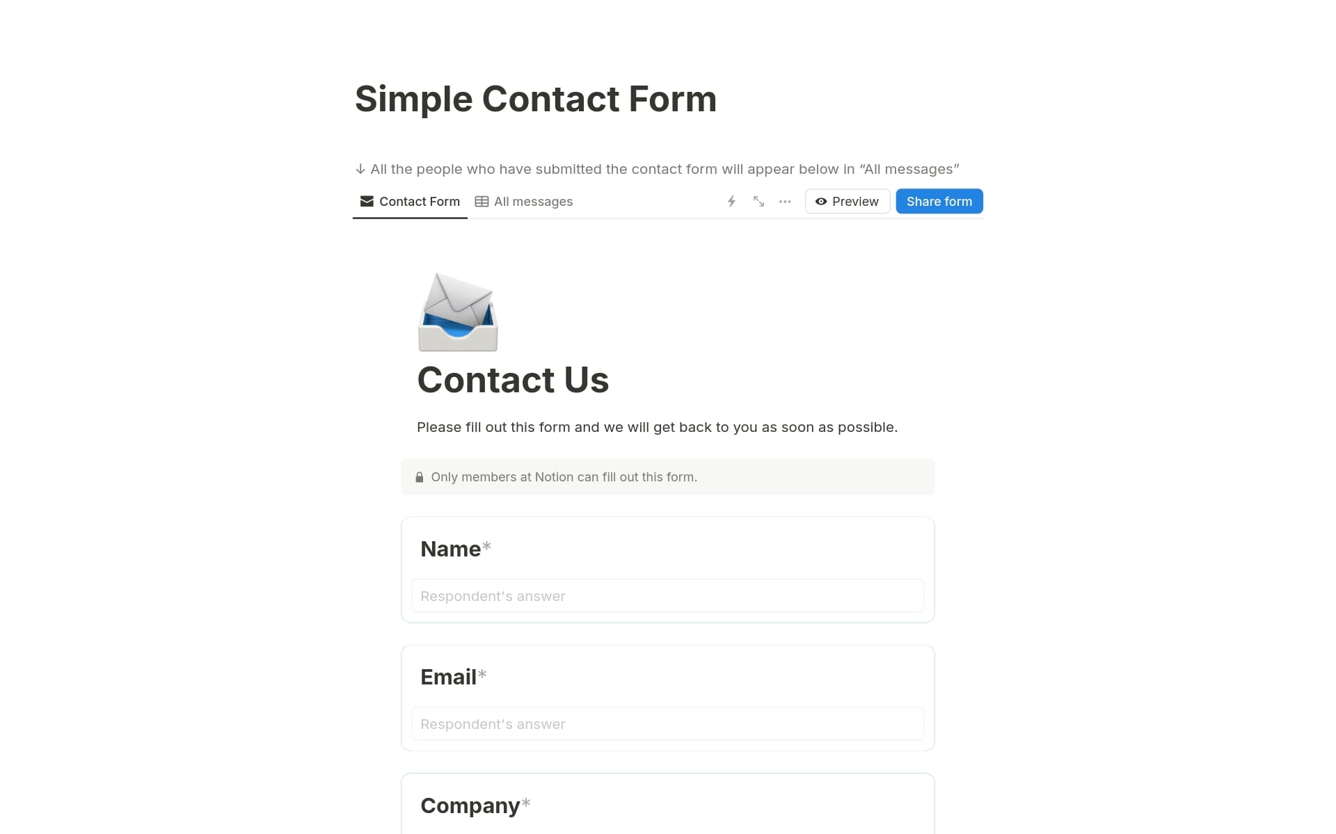 A template preview for Simple contact form